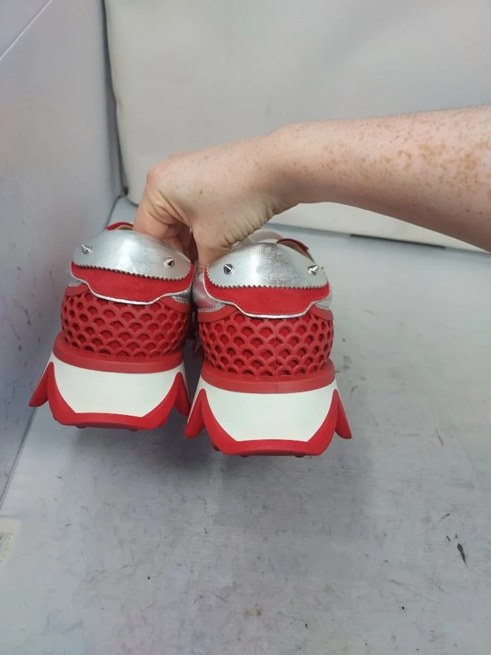 CHRISTIAN LOUBOUTIN MENS  Loubishark Red Silver Low Top Sneaker